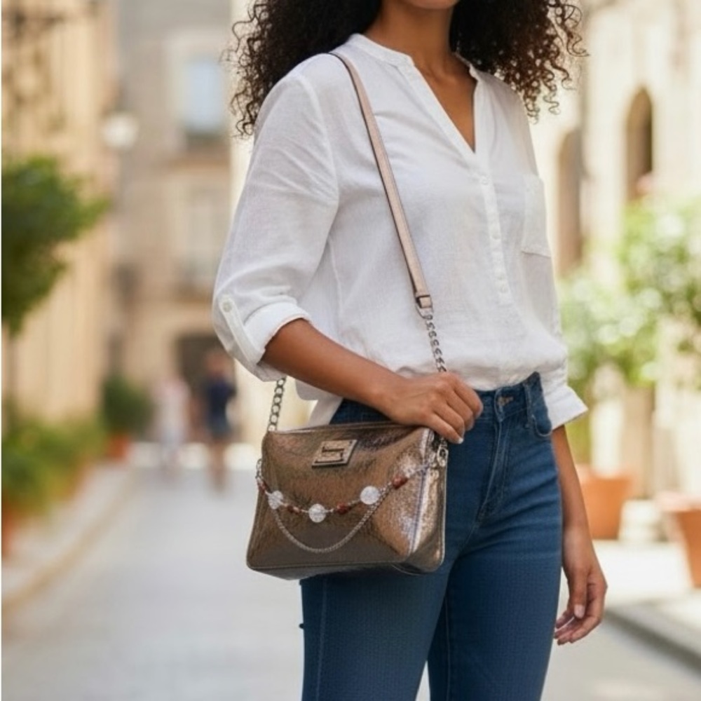 Michael Kors Metallic Silver Crossbody Bag and Handmade Bag Necklace Chain - Picture 6 of 13
